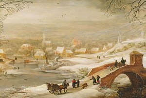 Een Winter Rivierlandschap met Reizigers op een Brug en een Stad in de Verte, late jaren 1720